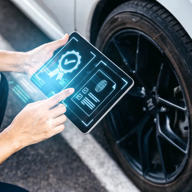 Mechanic technician holding tablet and checking to car tire in auto repair shop garage, Wheel tire repair service concept.