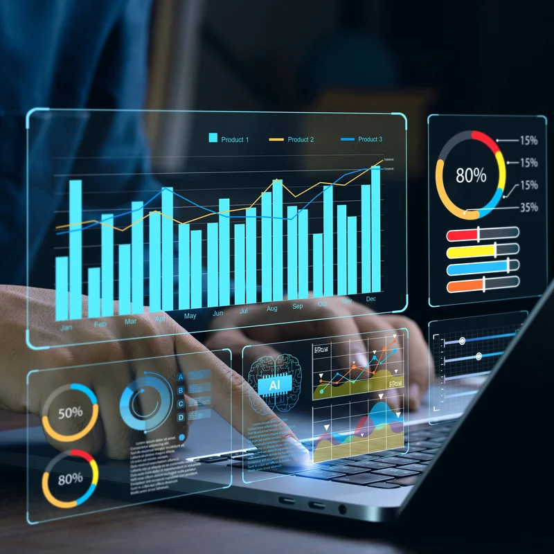Businessman works on laptop Showing business analytics dashboard with charts, metrics, and KPI to analyze performance and create insight reports for operations management. Data analysis concept.Ai